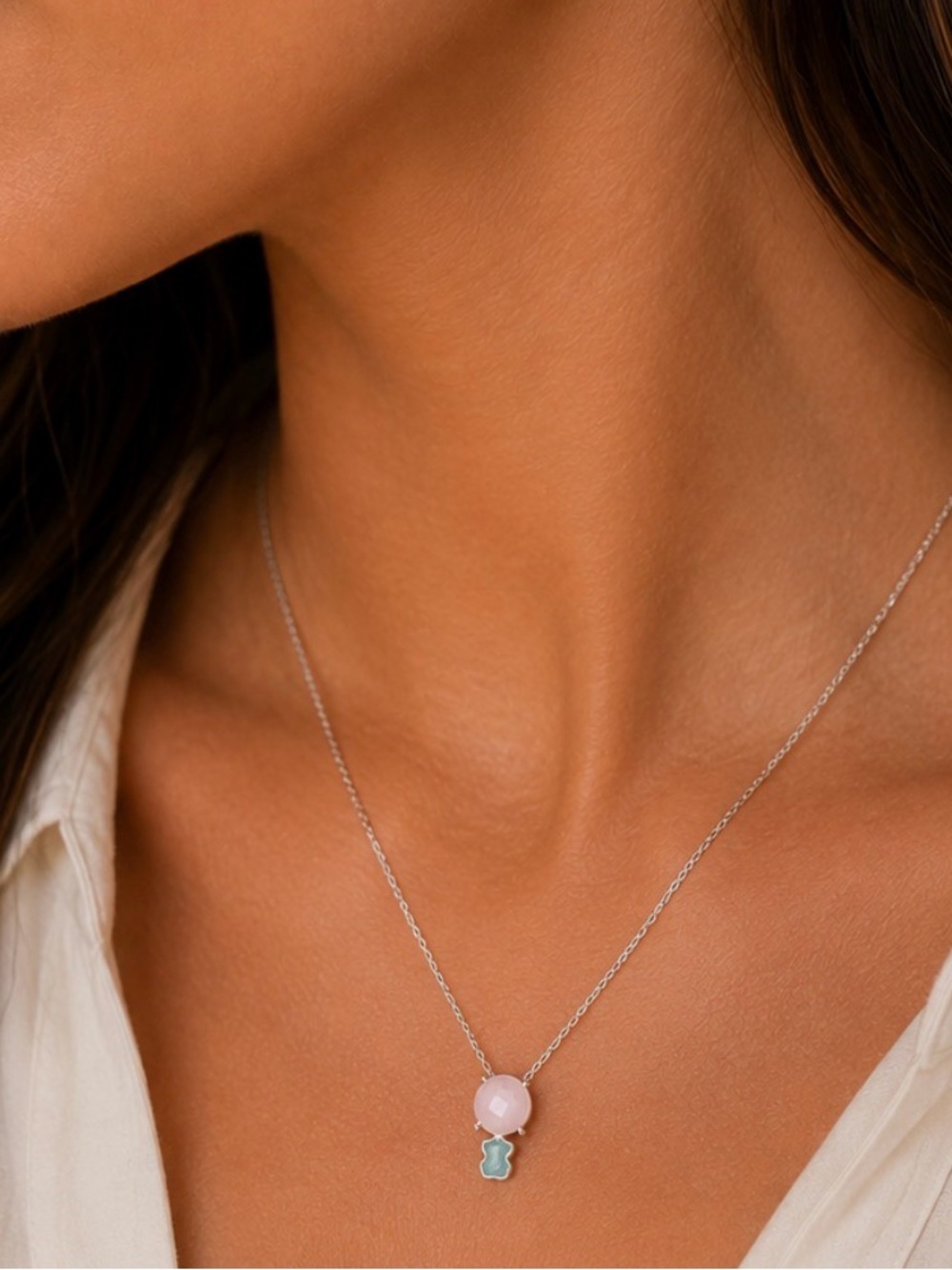 Mini Color necklace in sterling silver with rose quartz and amazonite 45CM